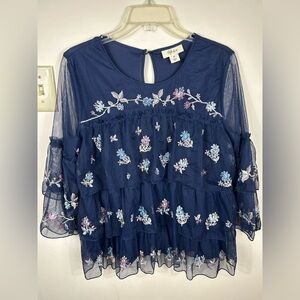 FAIRY Ruffle Floral Embroidered Blouse Top Women’s M Blue Sheer Style & Co